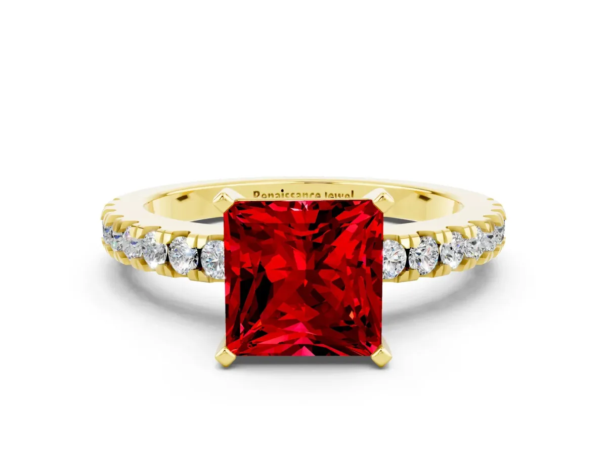 Princess Cut Solitaire Ruby with Pavé Band and Four-Prong Setting Yellow gold