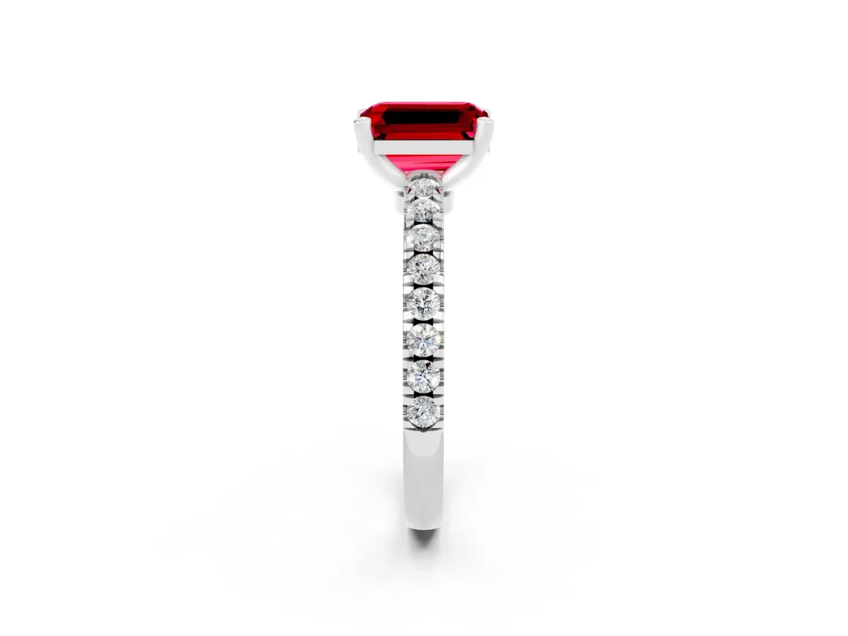 Emerald Cut Solitaire Ruby with Pavé Band and Four-Prong Setting Silver
