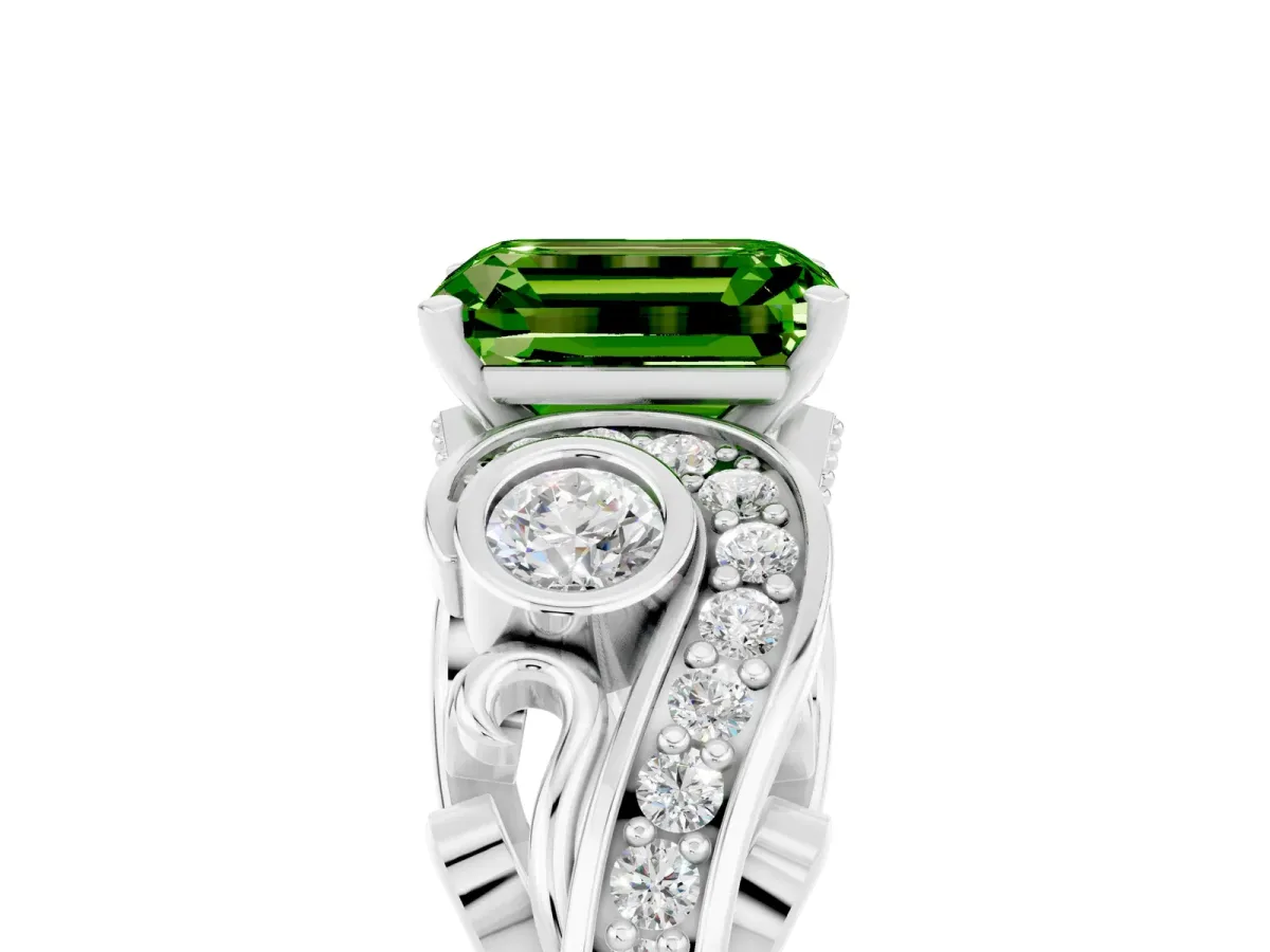 Emerald Cut Peridot Solitaire Ring with Milgrain Pavé Band and Four-Prong Setting Silver