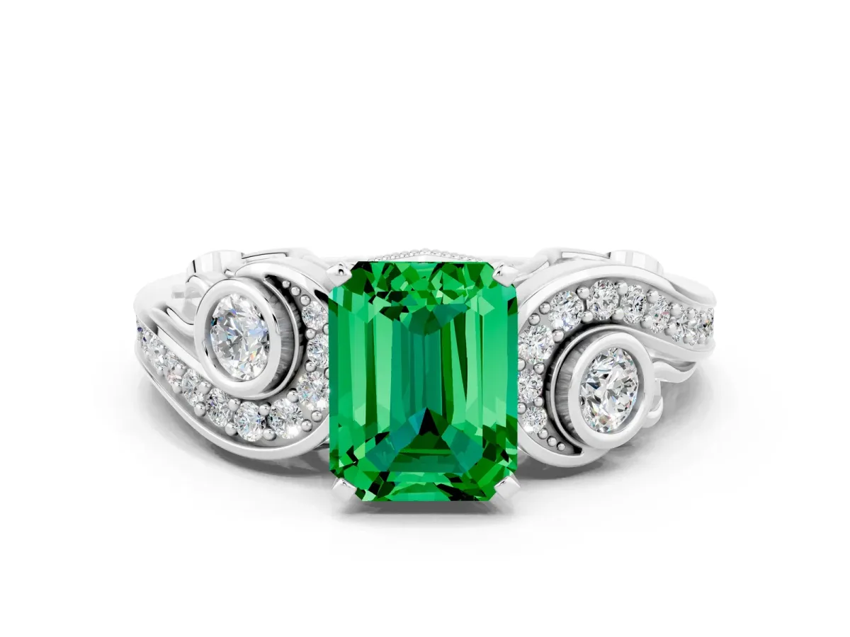 Emerald Cut Emerald Solitaire Ring with Milgrain Pavé Band and Four-Prong Setting Platinum