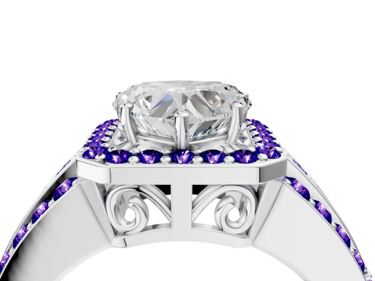 Heart Cut Halo Diamond Ring with Round Tanzanite Split Shank and Prong Setting Silver