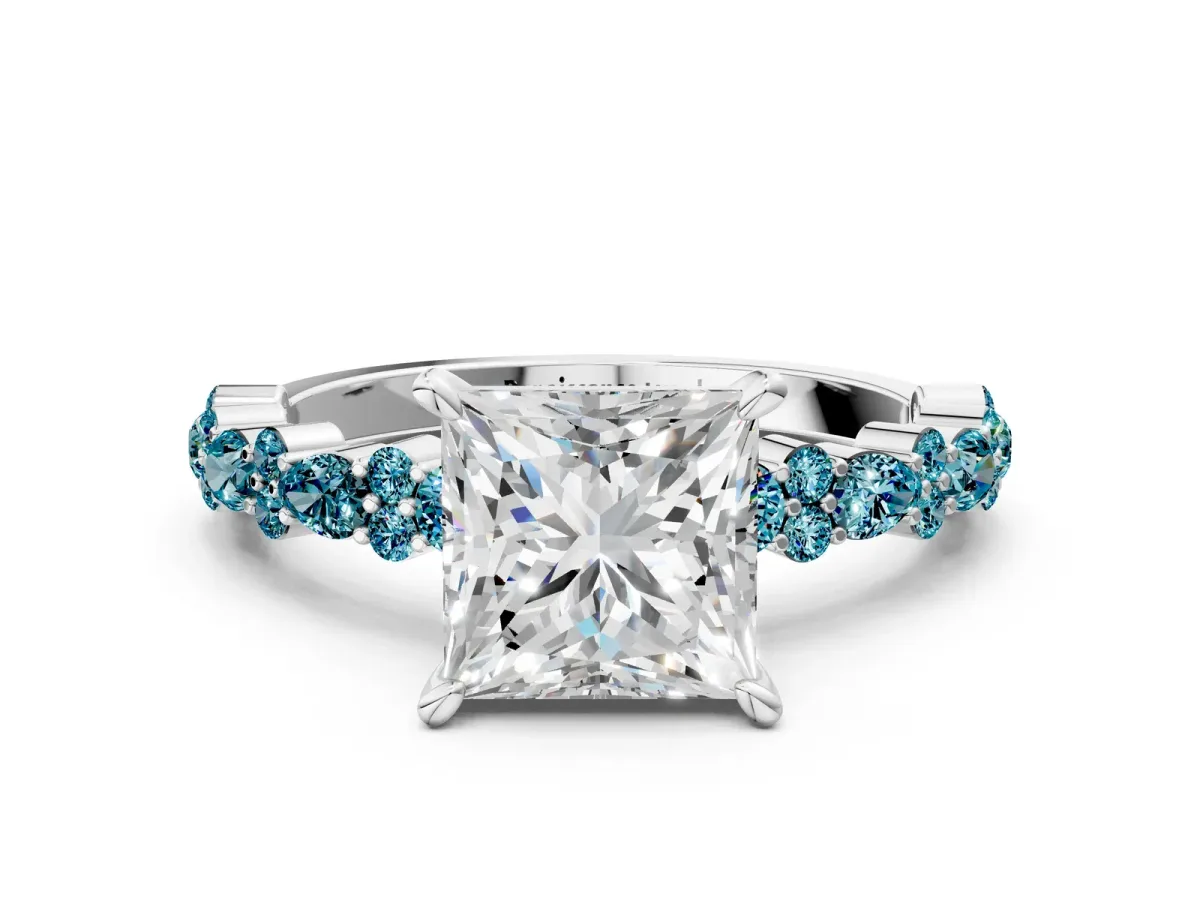 Princess Cut Diamond Side Stone Solitaire Ring with Round Blue Topaz and Four-Prong Setting Silver