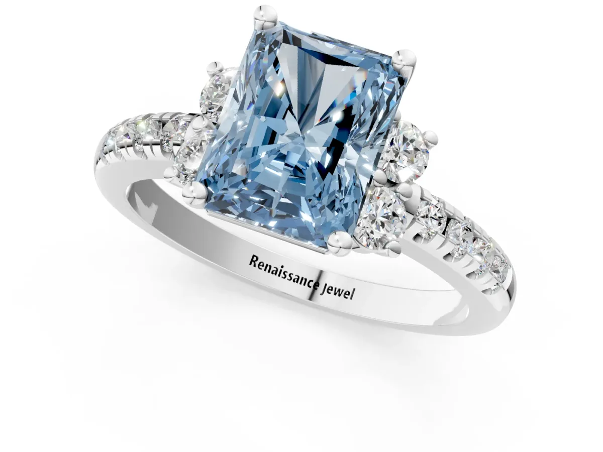 Fancy Blue Radiant Cut Diamond Three-Stone Pave Band with Four-Prong Setting Platinum