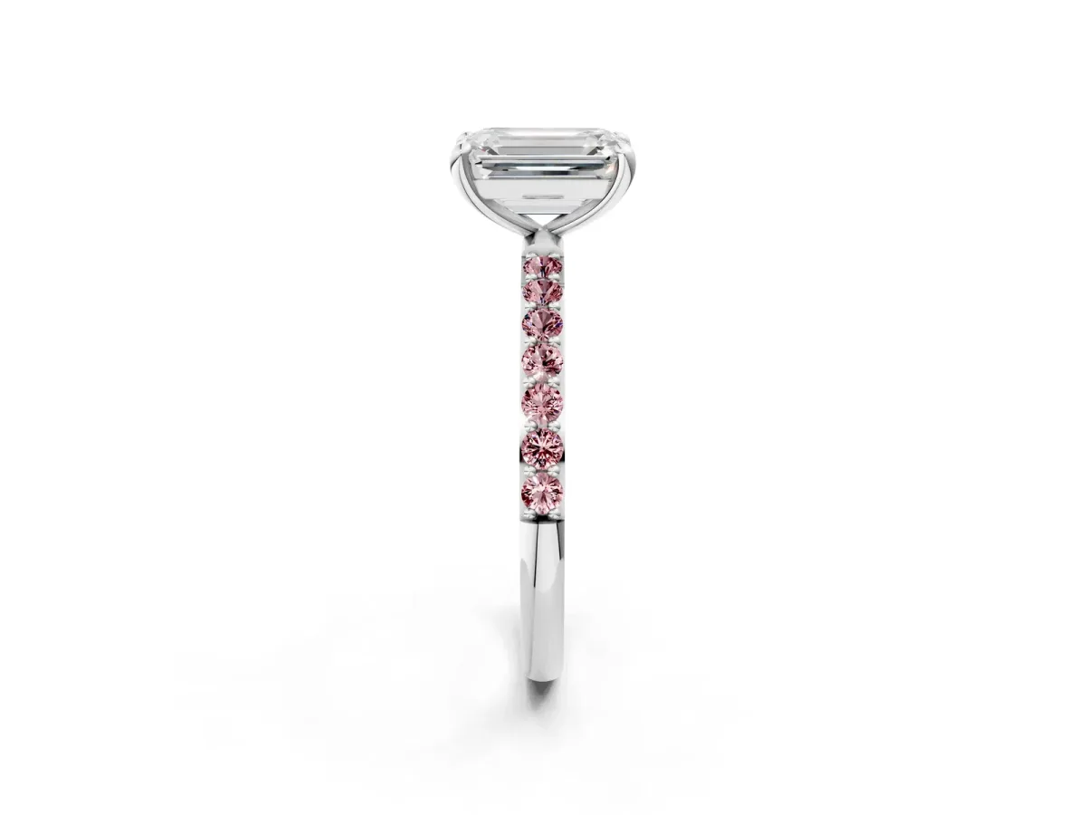 Emerald Cut Diamond Solitaire Ring with Round Morganite Pavé Band and Prong Setting Silver