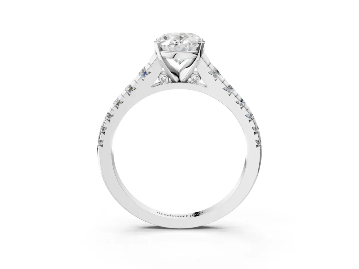 Oval Cut Diamond Cathedral Solitaire Ring with Round Pavé Band Platinum