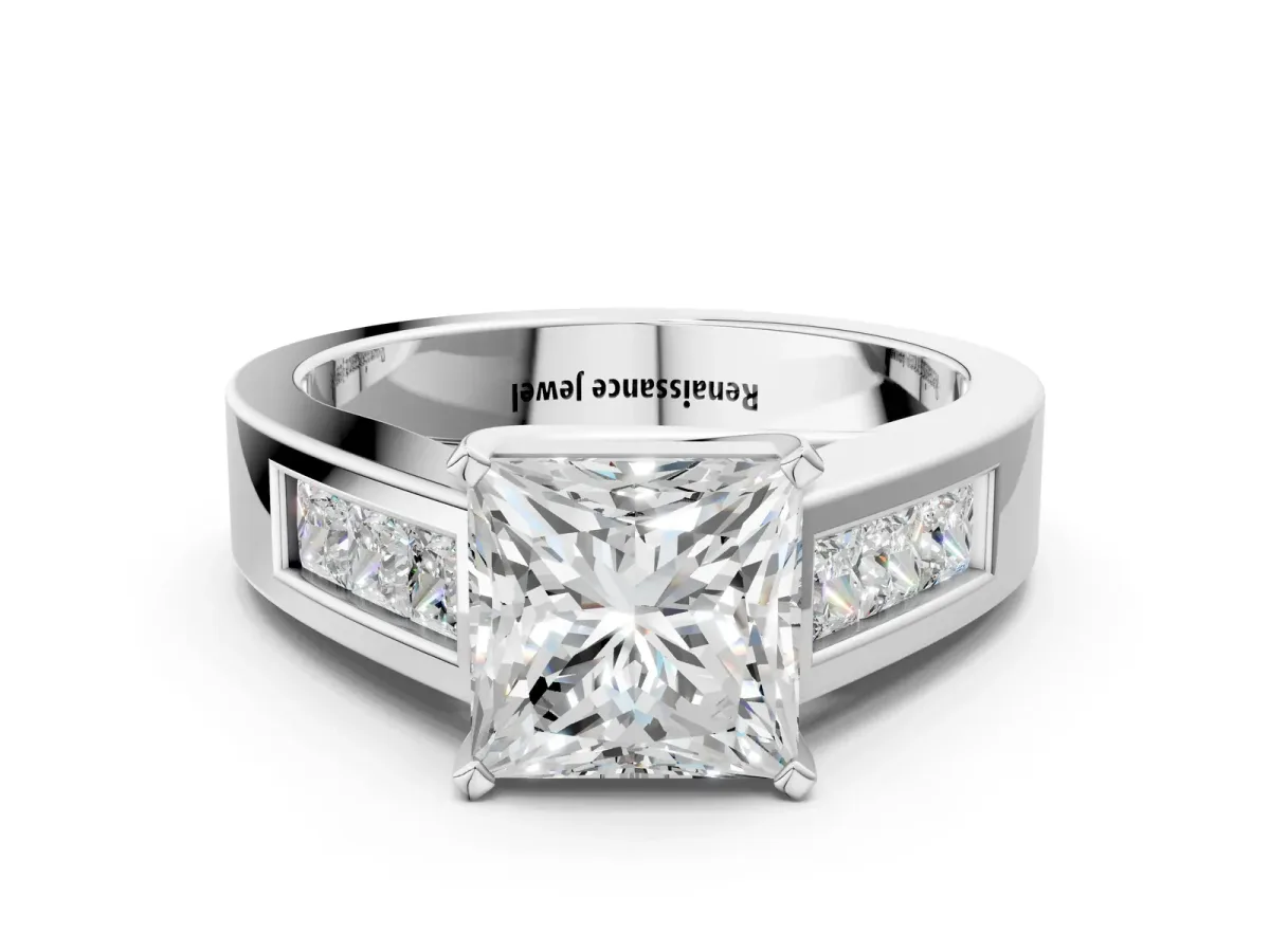 Princess Cut Cut Channel Set Solitaire Ring with Four-Prong Setting White gold
