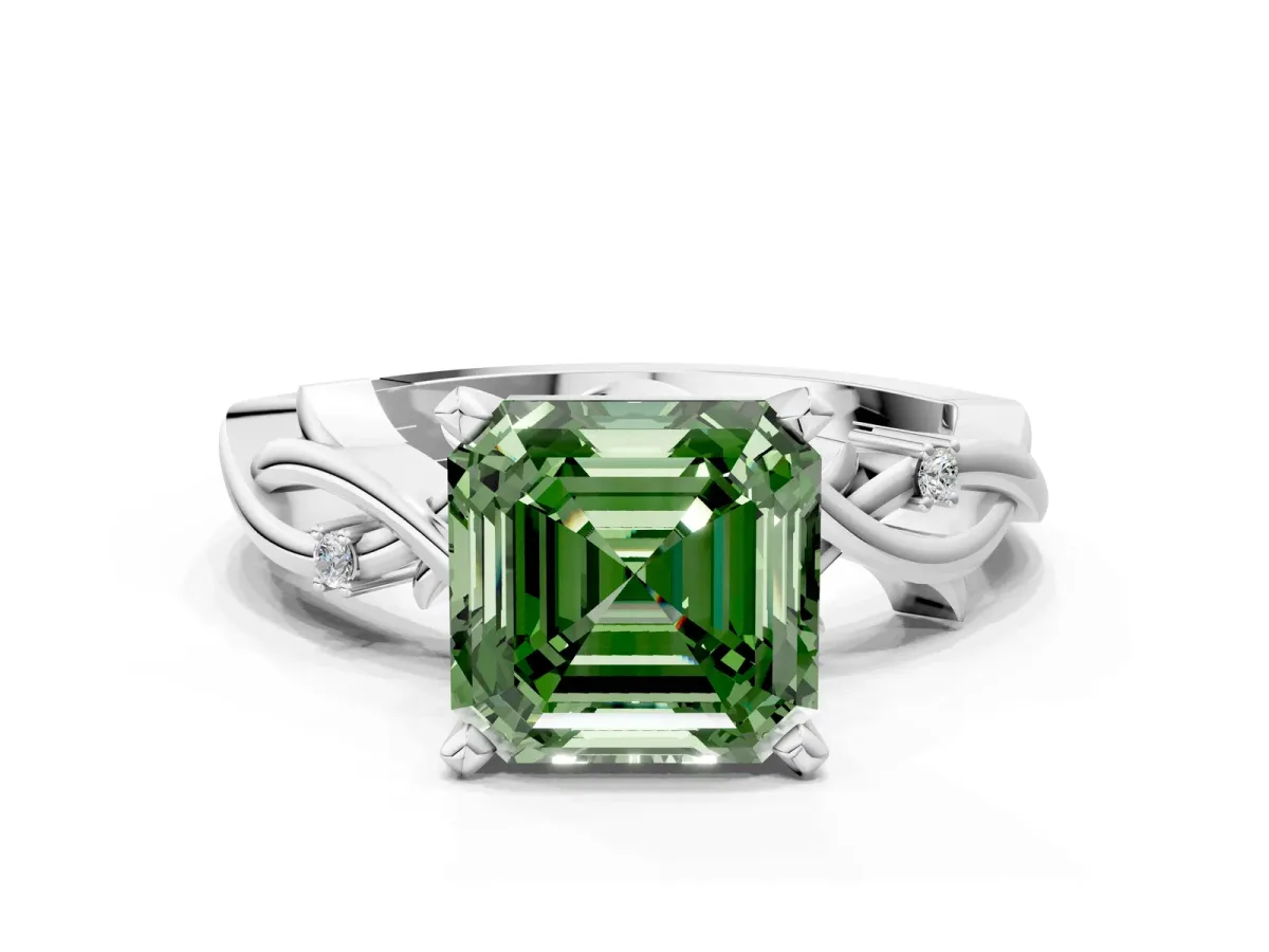Fancy Green Asscher Cut Diamond Solitaire Ring with Twisted Band and Prong Setting Silver