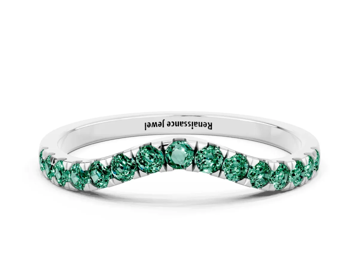 Curved Pavé Round Green Sapphire Wedding Band with Shared Prong Setting Silver
