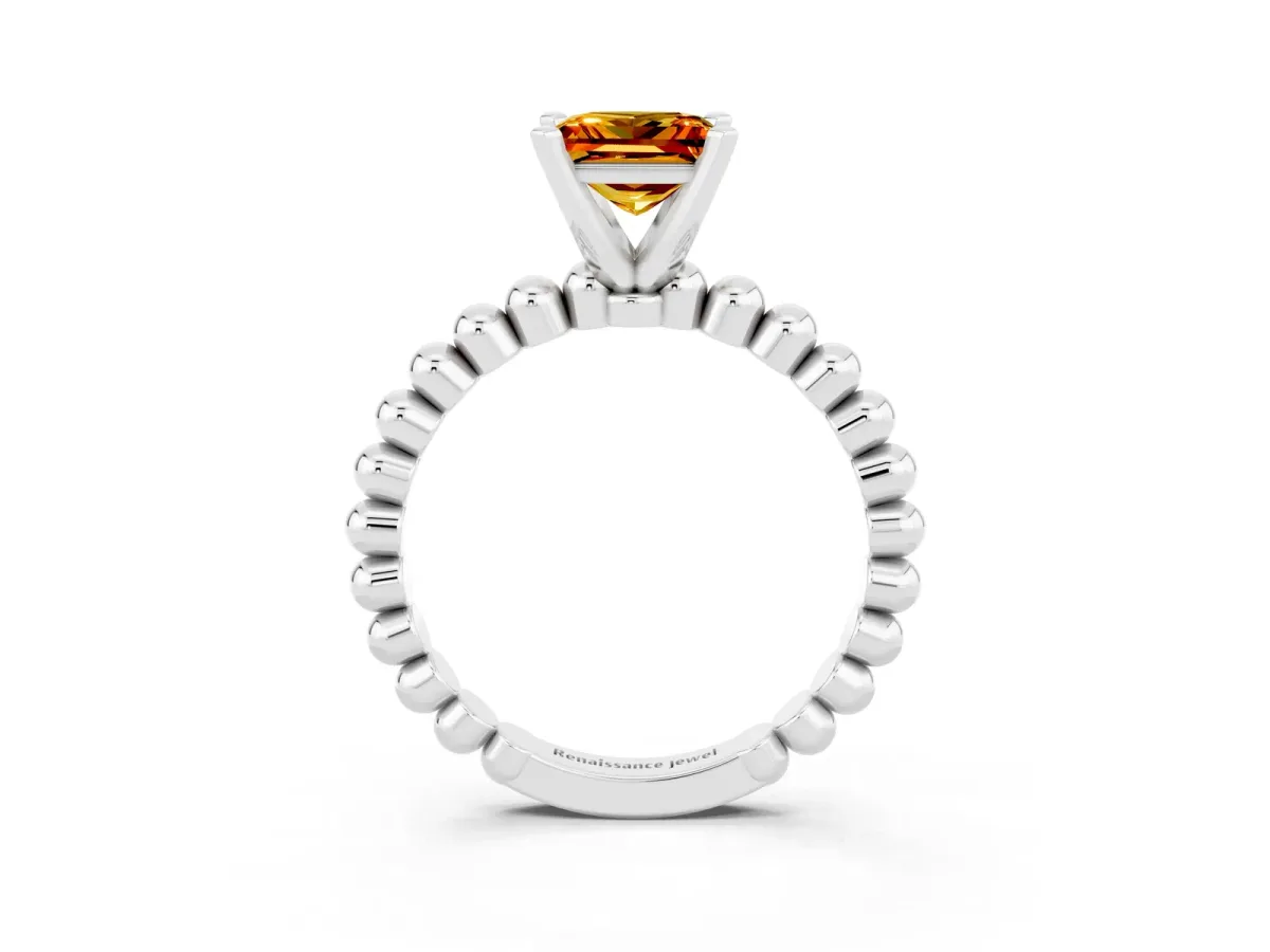 Princess Cut Citrine Solitaire Ring with Beaded Band and Prong Setting Silver