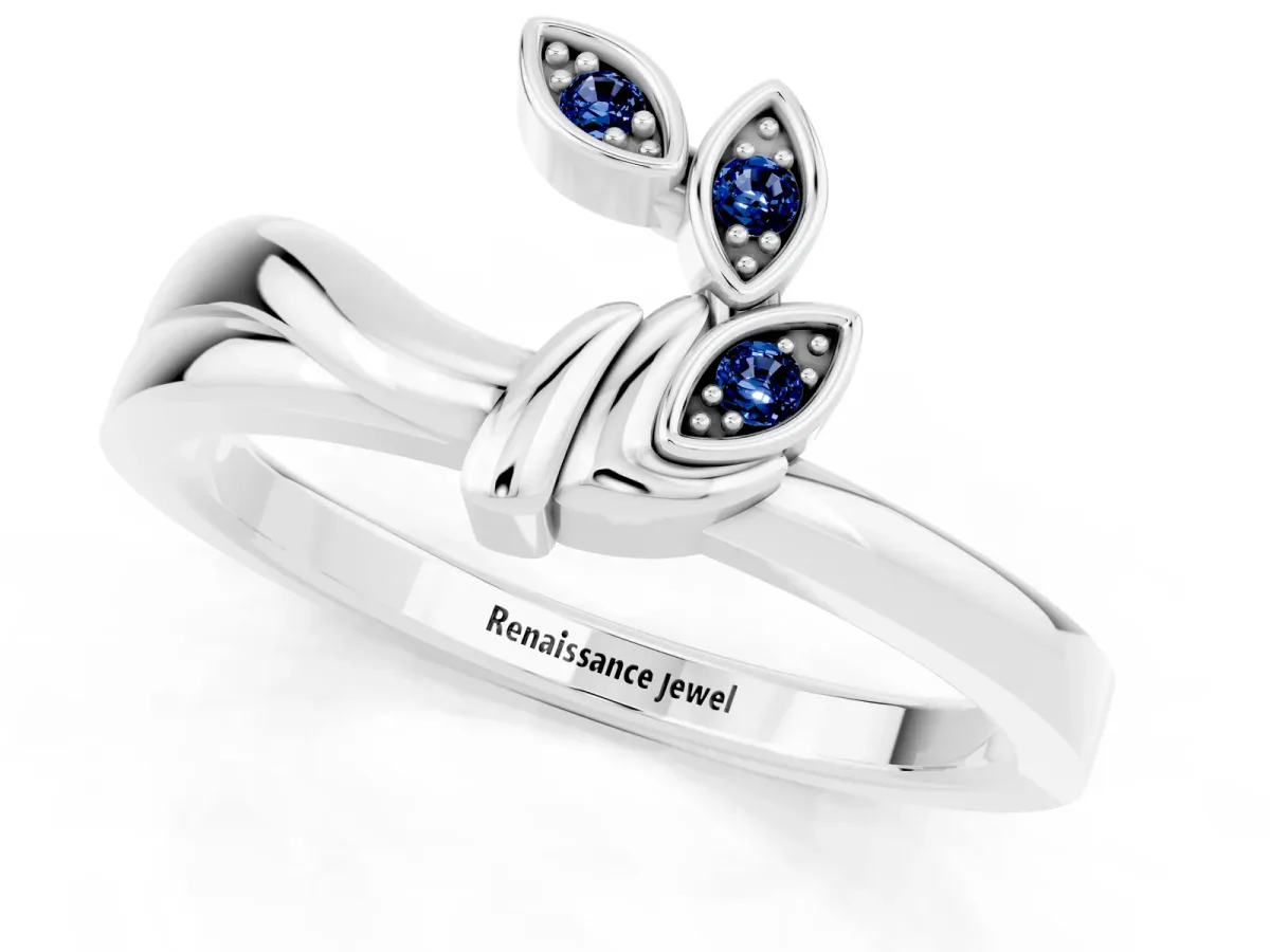 Three-Stone Round Blue Sapphire Leaf Bypass Ring with Bezel Setting White gold
