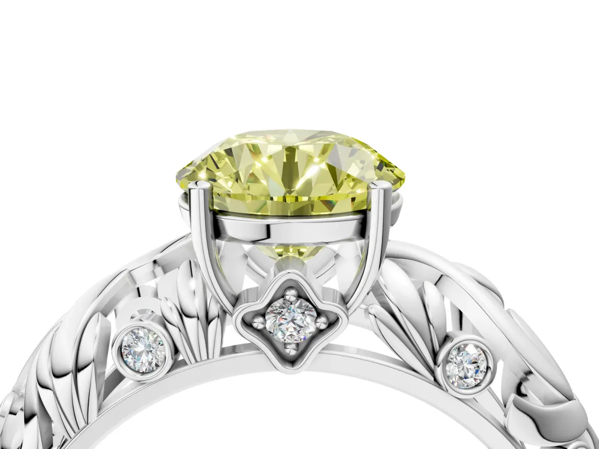 Fancy Yellow Round Cut Solitaire Diamond Leaf-Inspired Vine Band Ring with Prong Setting Silver