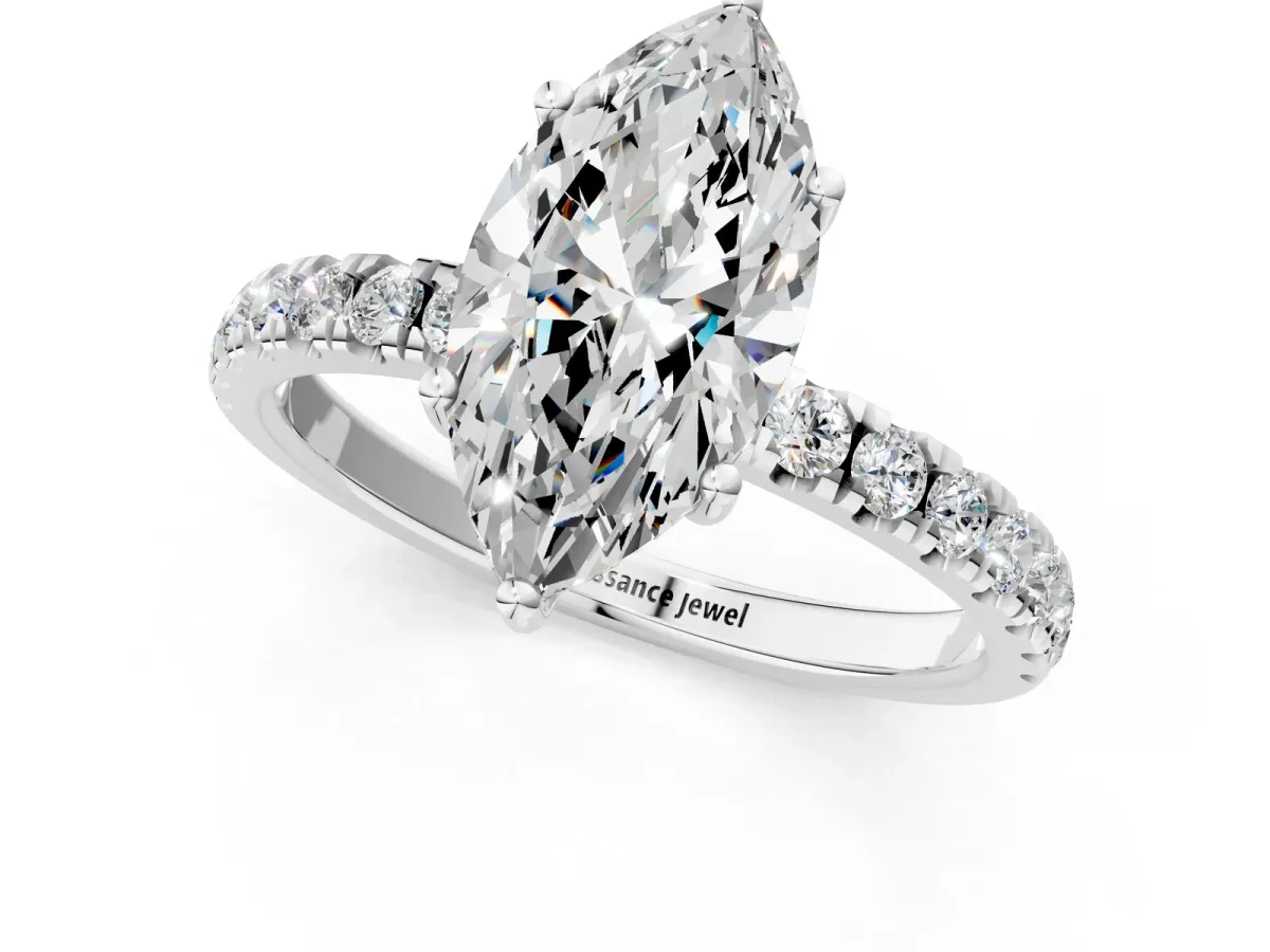 Marquise Cut Diamond Pave Band Solitaire Ring with Round and Prong Setting Silver