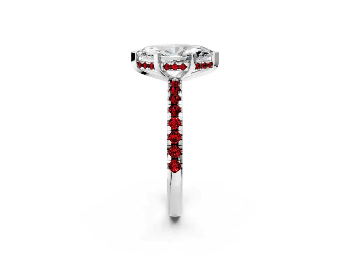 Marquise Cut Diamond Solitaire Ring with Round Ruby Pavé Band and Four-Prong Setting Silver