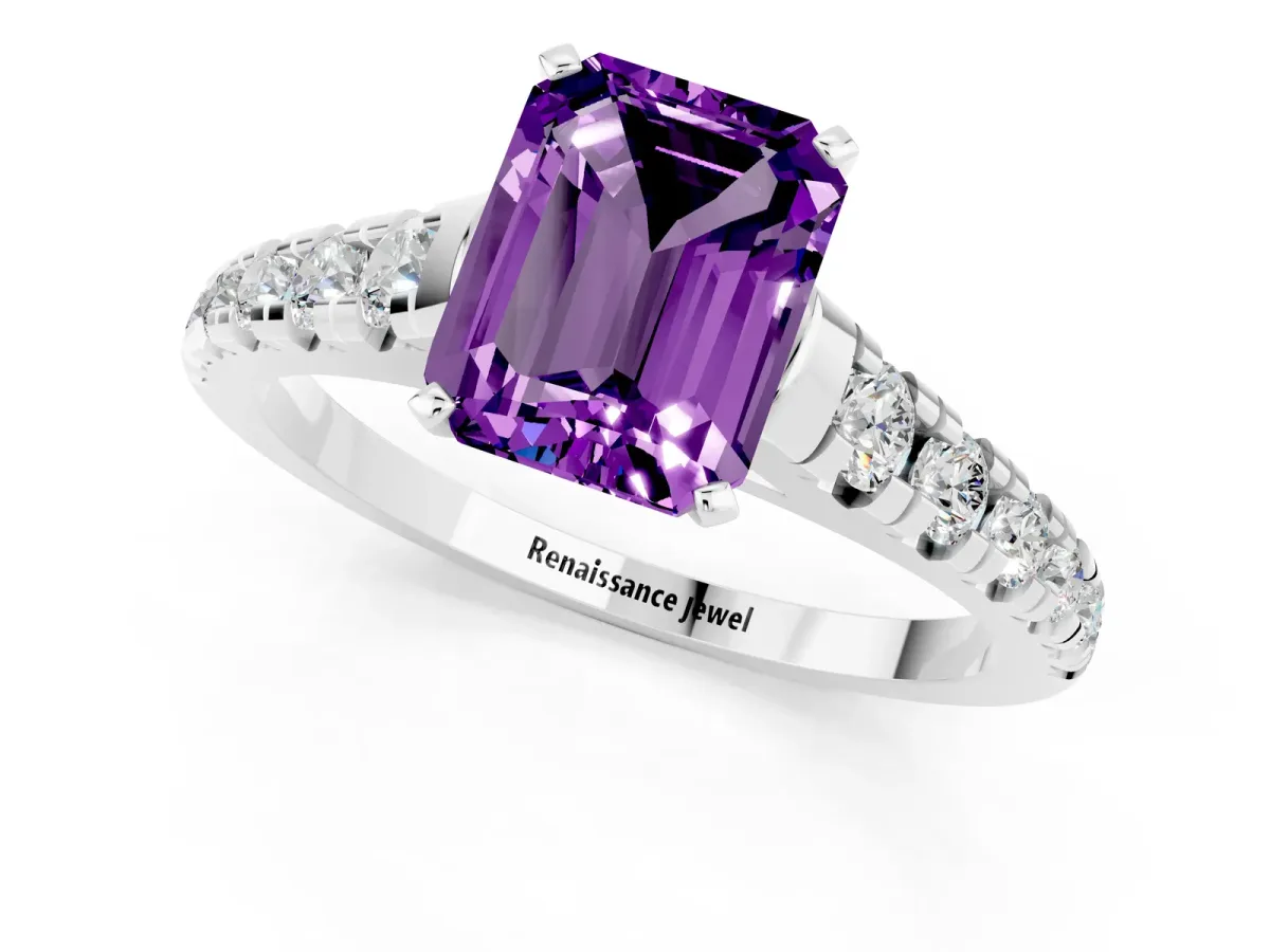 Emerald Cut Amethyst Cathedral Solitaire Ring with Round Pavé Band Platinum
