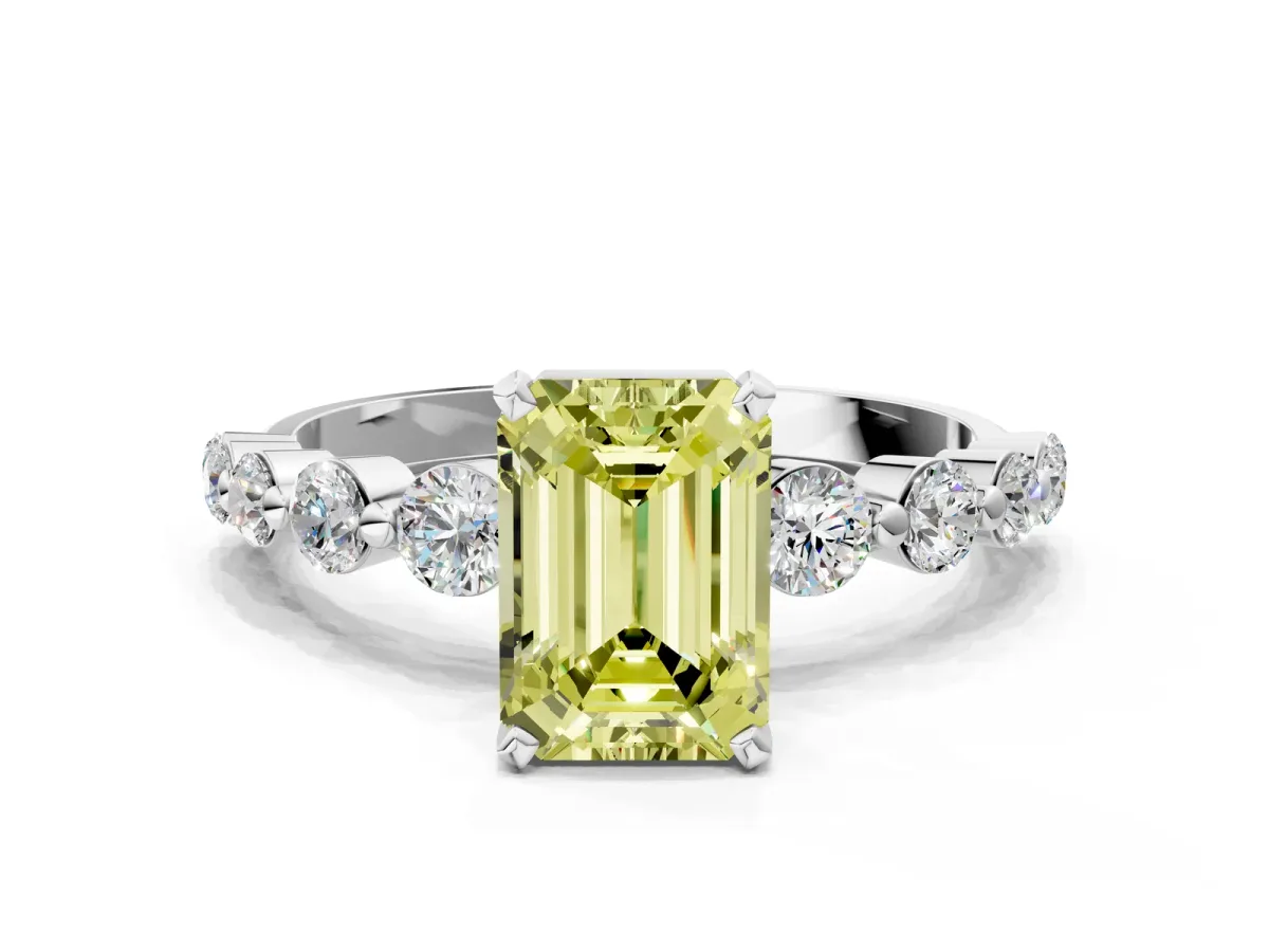 Fancy Yellow Emerald Cut Solitaire Diamond Ring with Pave Band and Four-Prong Setting Silver