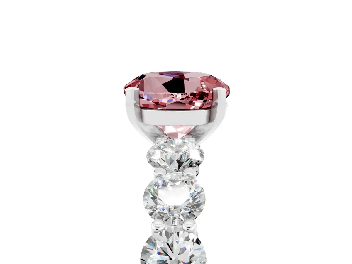 Round Cut Morganite Prong Setting with Side Stones on a Pave Band Silver