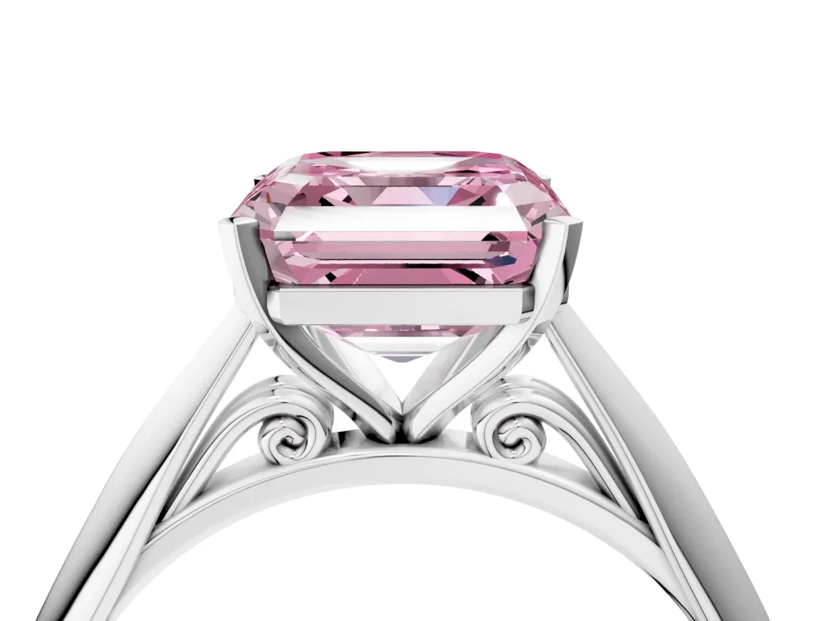 Fancy Pink Asscher Cut Diamond Solitaire Engagement Ring with Cathedral Setting and Four-Prong Mount Silver