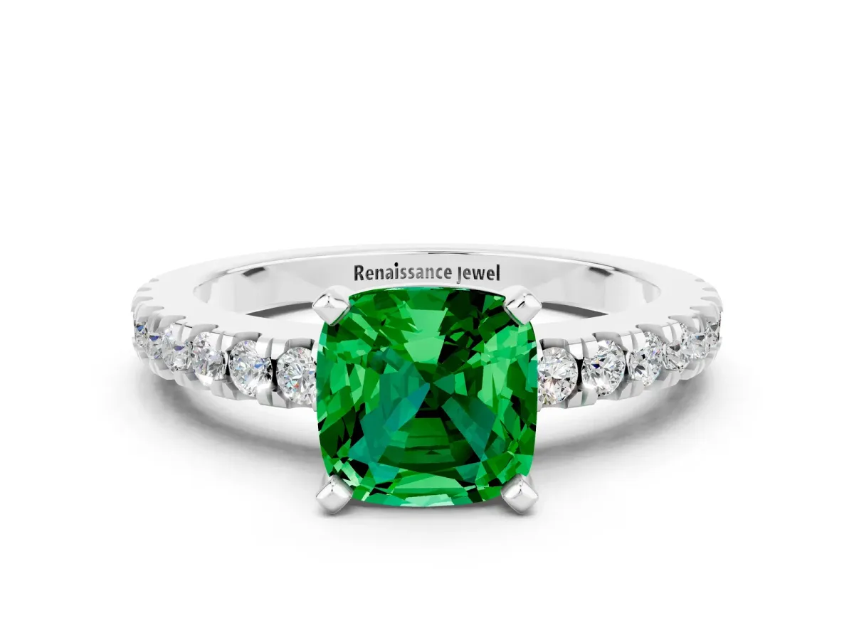 Cushion Cut Solitaire Emerald with Pavé Band and Four-Prong Setting Silver