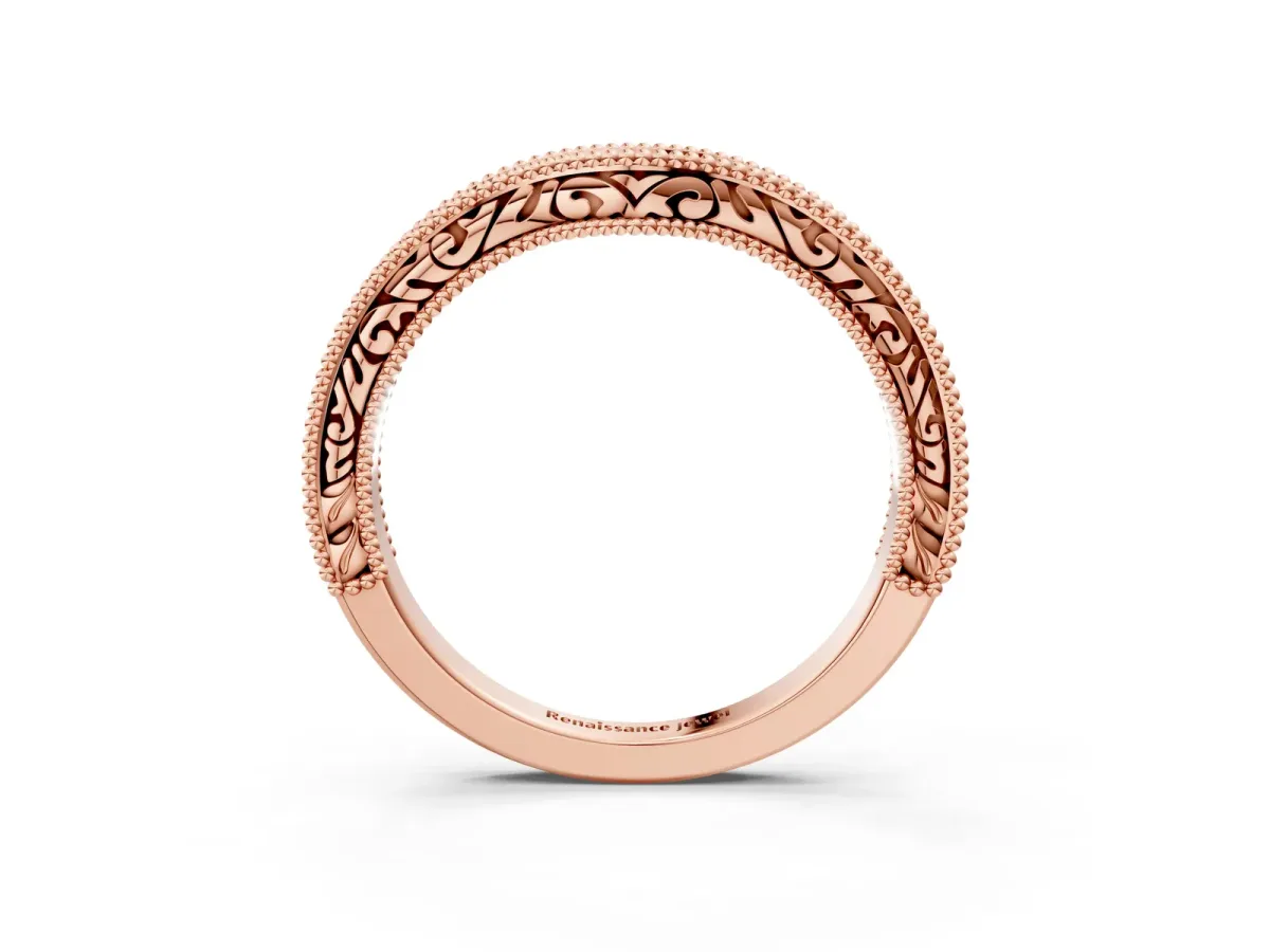 Pave Round Diamond Curved Milgrain Band Rose gold