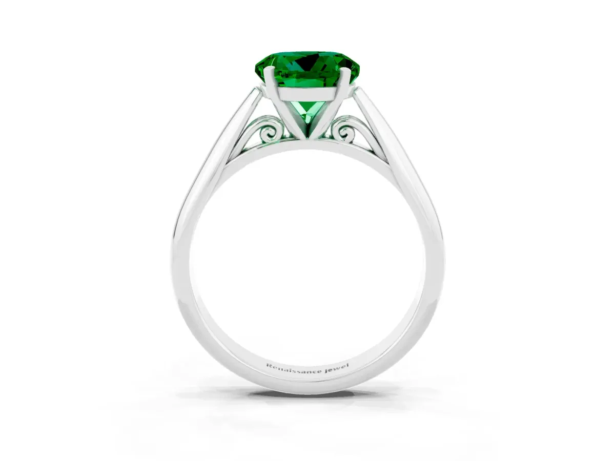 Round Cut Emerald Solitaire Engagement Ring with Cathedral Setting and Four-Prong Mount White gold