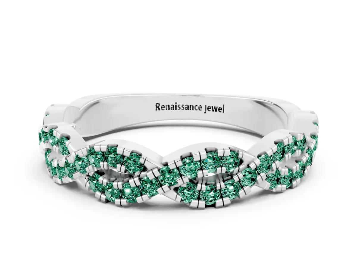 Round Green Sapphire Twisted Eternity Band with Pavé and Shared Prong Setting Silver
