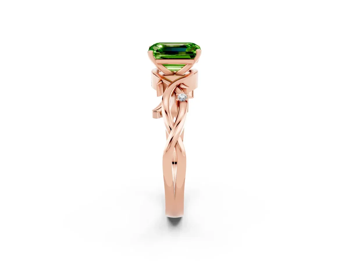 Emerald Cut Peridot Solitaire Ring with Twisted Band and Prong Setting Rose gold