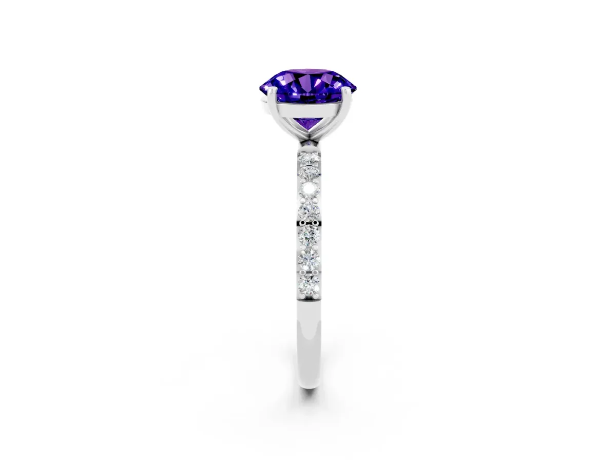 Round Cut Tanzanite Solitaire Ring with Round Pavé Band and Prong Setting Silver
