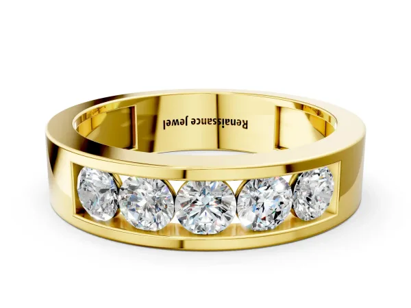 Round Diamond Linear Channel Mens Band Yellow gold