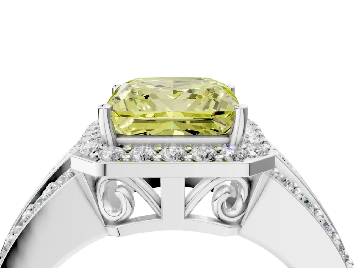 Fancy Yellow Princess Cut Halo Diamond Ring with Round Split Shank and Prong Setting Silver