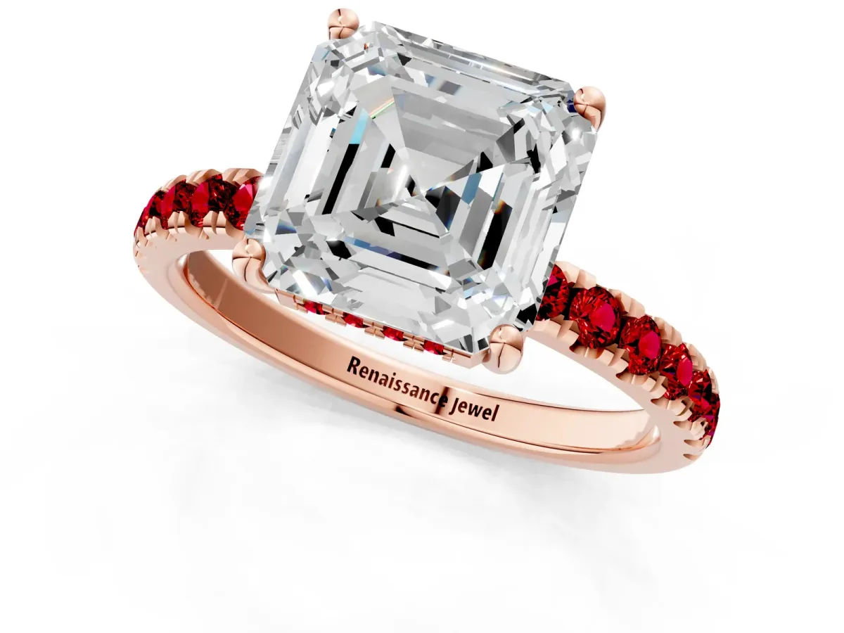 Asscher Cut Diamond Pave Band Solitaire Ring with Round Ruby and Prong Setting Rose gold