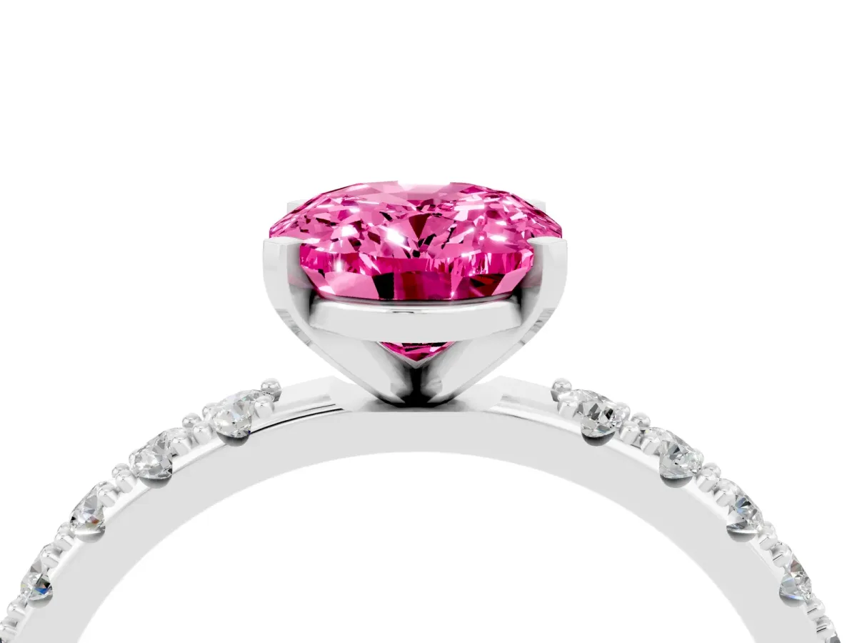 Oval Cut Pink Sapphire Solitaire Pavé Band with Four-Prong Setting Silver