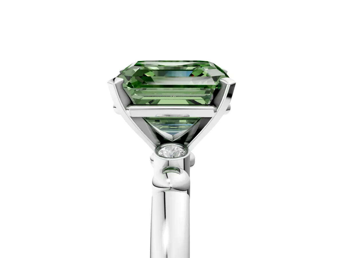 Fancy Green Asscher Cut Solitaire Beaded Band with Four-Prong Setting Platinum