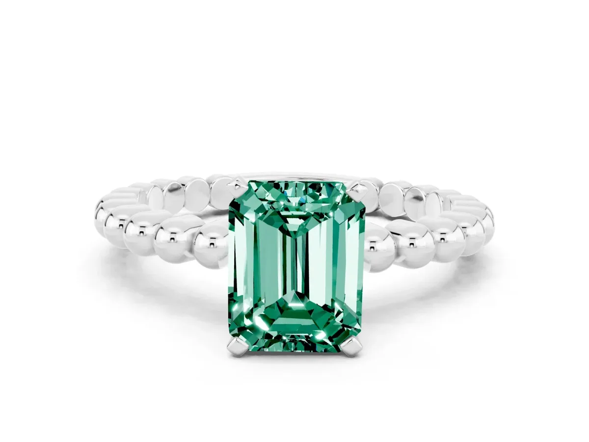 Emerald Cut Green Sapphire Solitaire Ring with Beaded Band and Prong Setting Silver