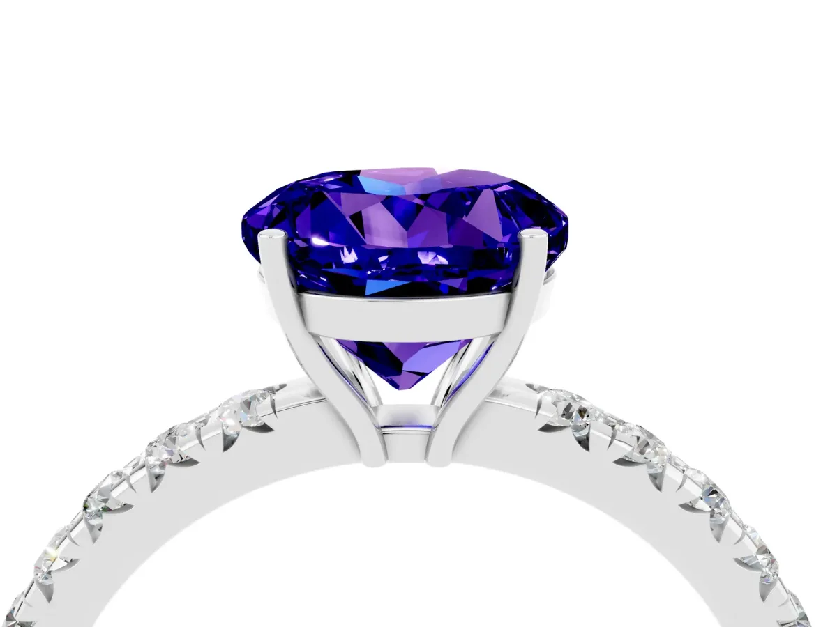 Round Cut Tanzanite Pavé Solitaire Engagement Ring with Four-Prong Setting Silver