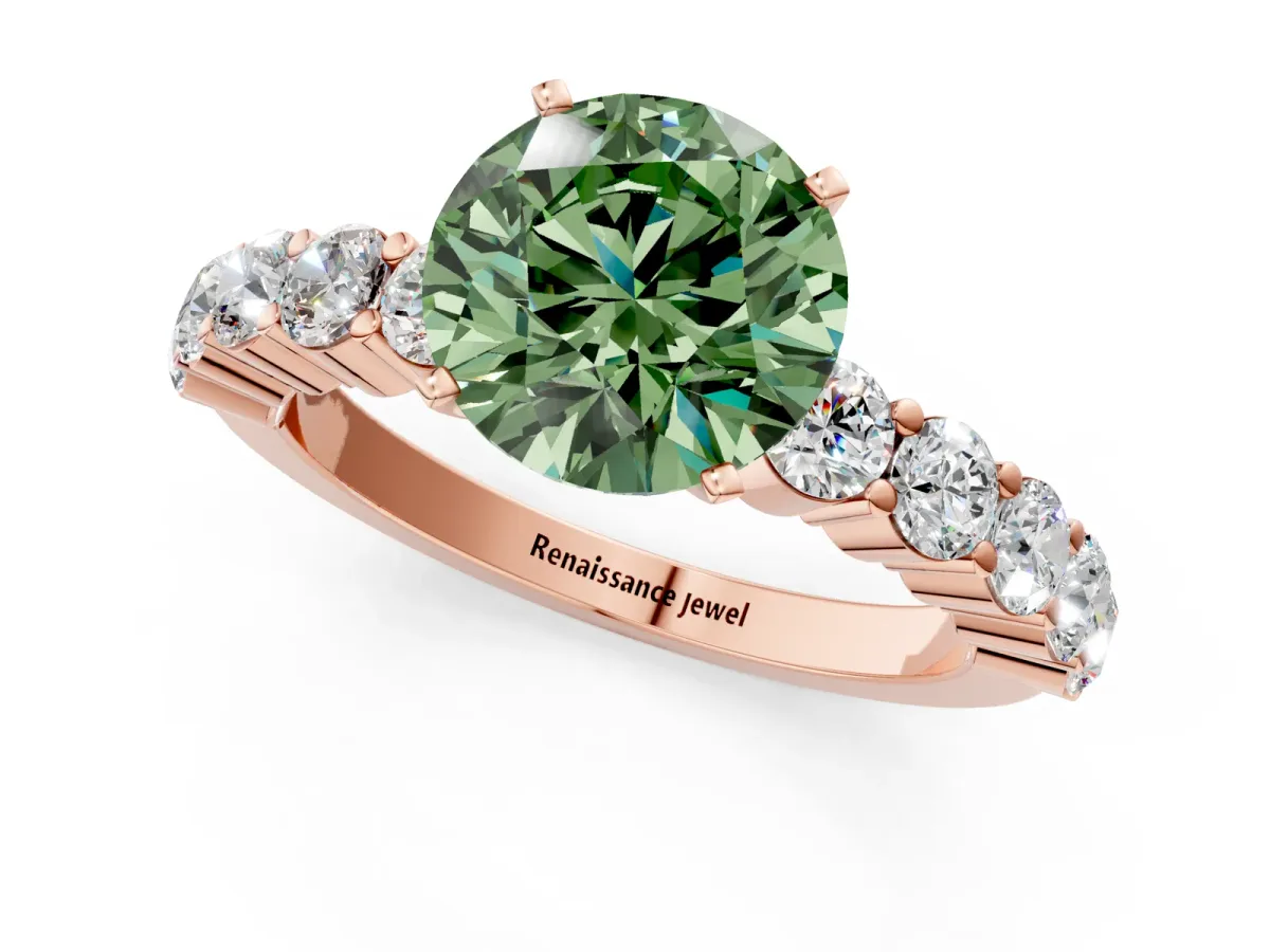 Fancy Green Round Cut Diamond Solitaire Ring with Shared Prong Round Side Stones Rose gold