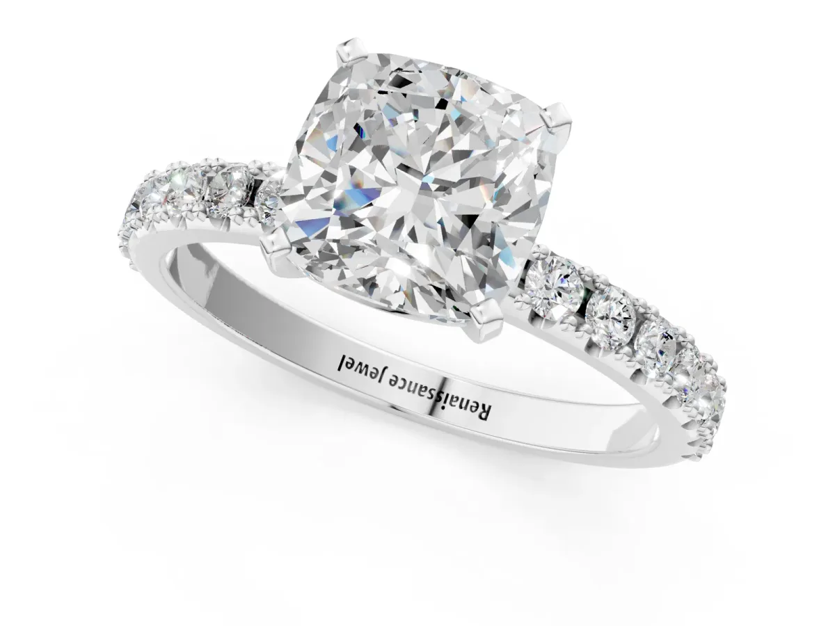 Cushion Cut Diamond Solitaire Pavé Band with Four-Prong Setting Platinum