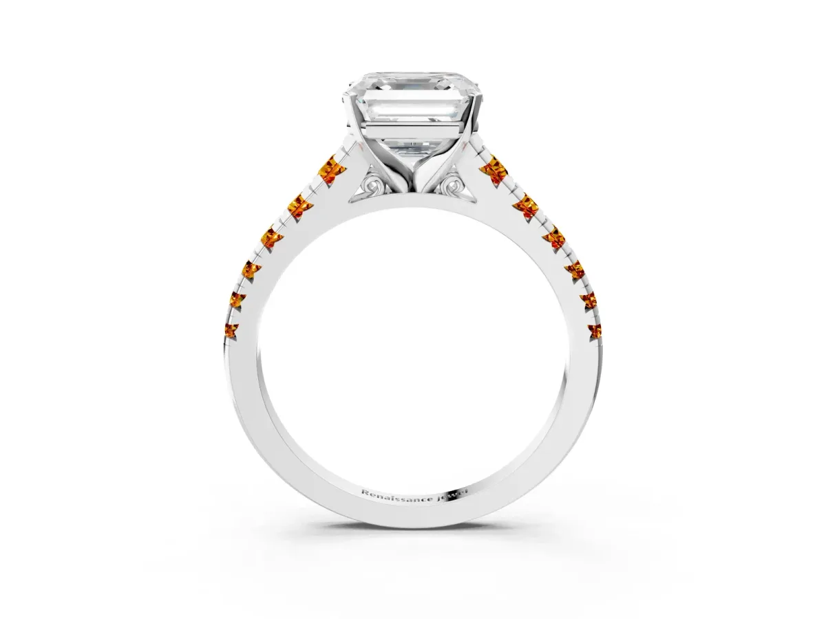 Asscher Cut Diamond Cathedral Solitaire Ring with Round Citrine Pavé Band Silver
