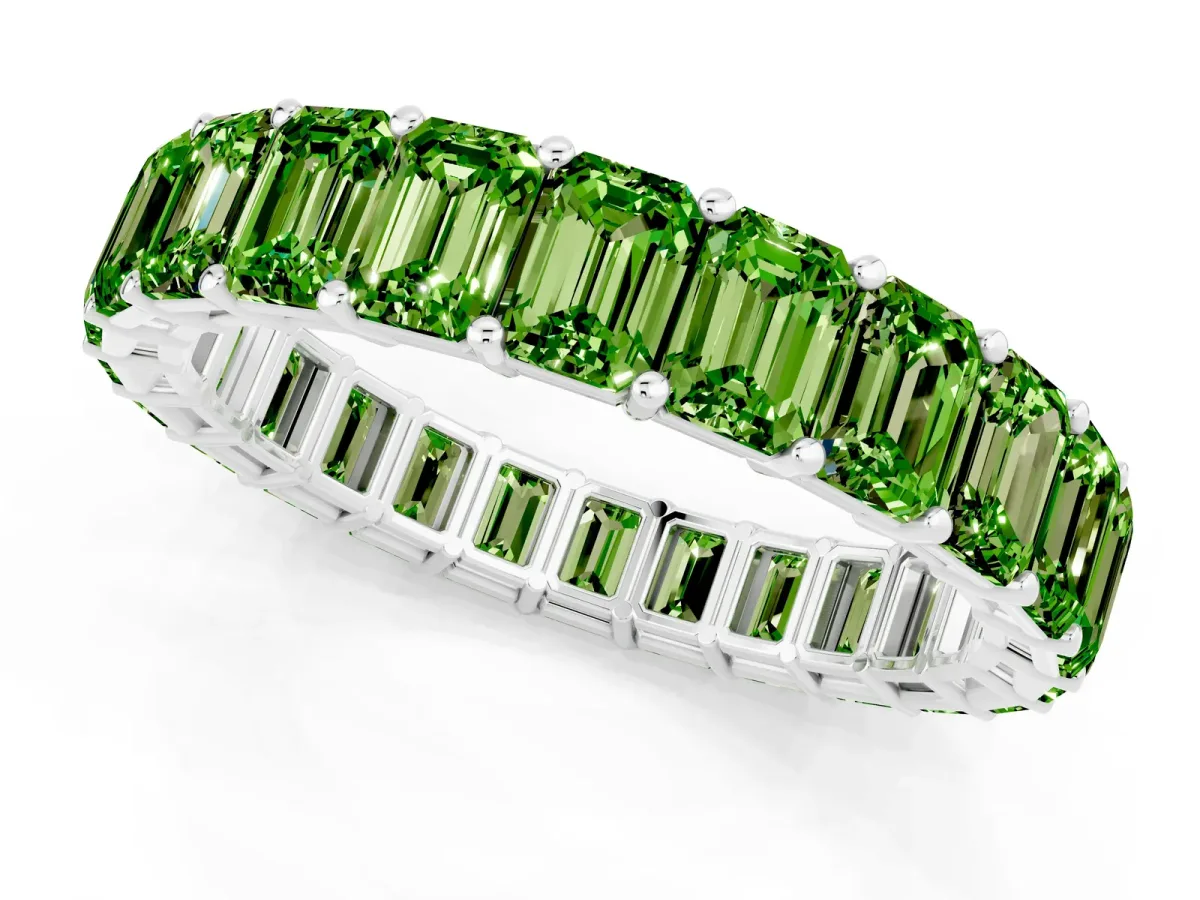 Emerald Cut Peridot Eternity Band with Shared Prong Setting White gold