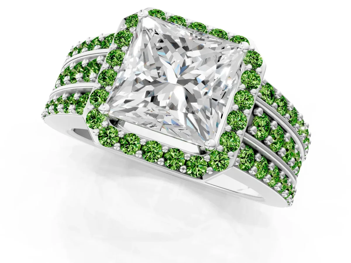 Princess Cut Halo Diamond Ring with Round Peridot Split Shank and Prong Setting Silver