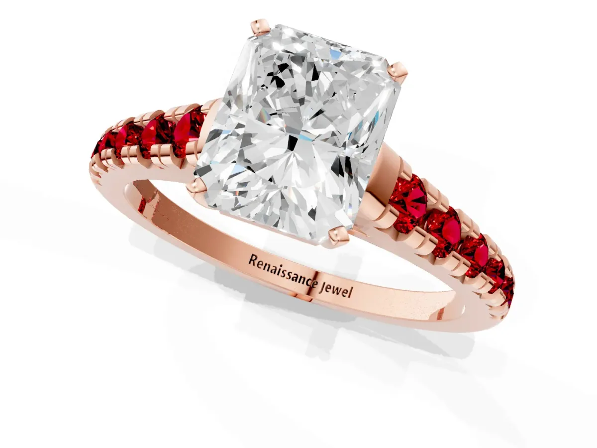 Radiant Cut Diamond Cathedral Solitaire Ring with Round Ruby Pavé Band Rose gold