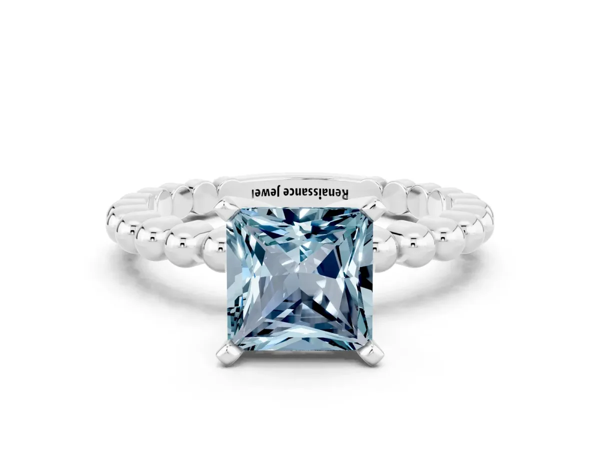 Princess Cut Aquamarine Solitaire Ring with Beaded Band and Prong Setting Silver