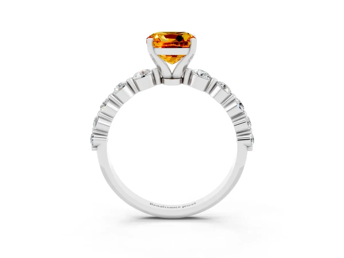 Cushion Cut Solitaire Citrine Ring with Pave Band and Four-Prong Setting Platinum