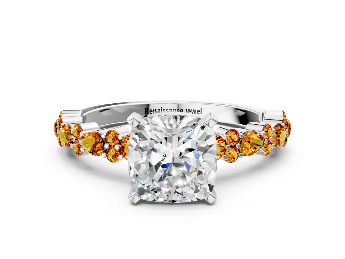 Cushion Cut Diamond Side Stone Solitaire Ring with Round Citrine and Four-Prong Setting Platinum