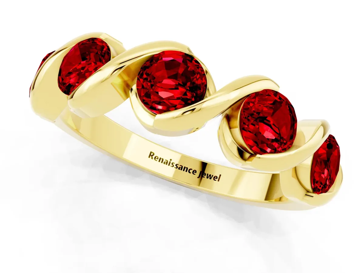 Round Ruby Wave Band with Channel Setting and Shared Prongs Yellow gold