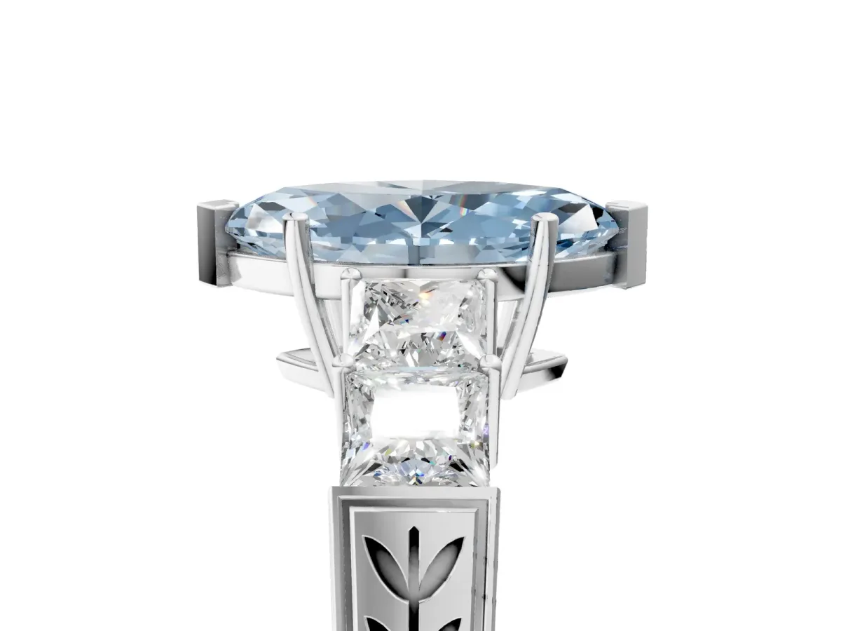 Fancy Blue Marquise Cut Solitaire Princess Side Stone Engraved Band Prong Setting Ring Silver