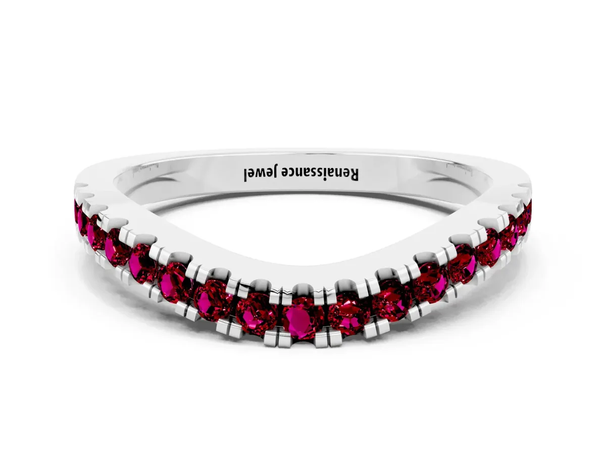 Round Garnet Pavé Curved Band with Shared Prong Setting White gold