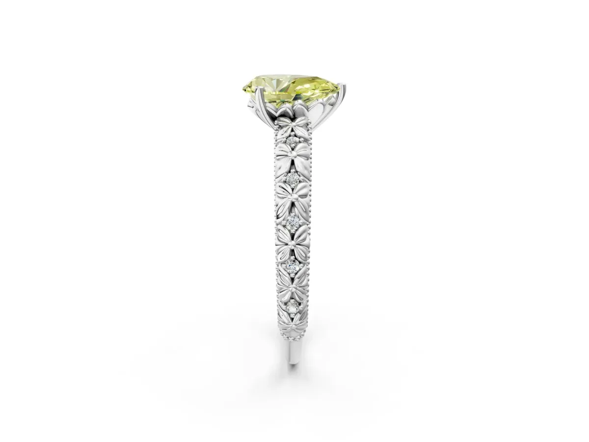 Fancy Yellow Pear Cut Solitaire Floral Milgrain Engagement Ring Platinum