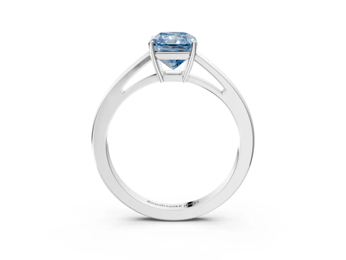 Fancy Blue Radiant Cut Solitaire Diamond Ring with Split Shank and Four-Prong Setting Platinum