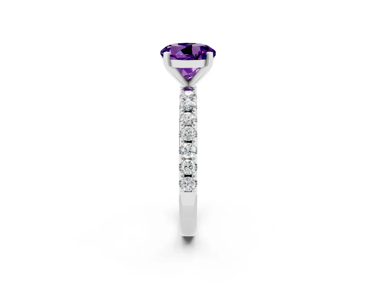 Round Cut Amethyst Solitaire Pavé Band with Four-Prong Setting Platinum