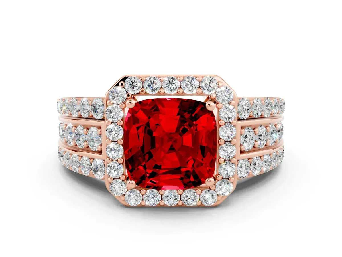 Cushion Cut Halo Ruby Ring with Round Split Shank and Prong Setting Rose gold